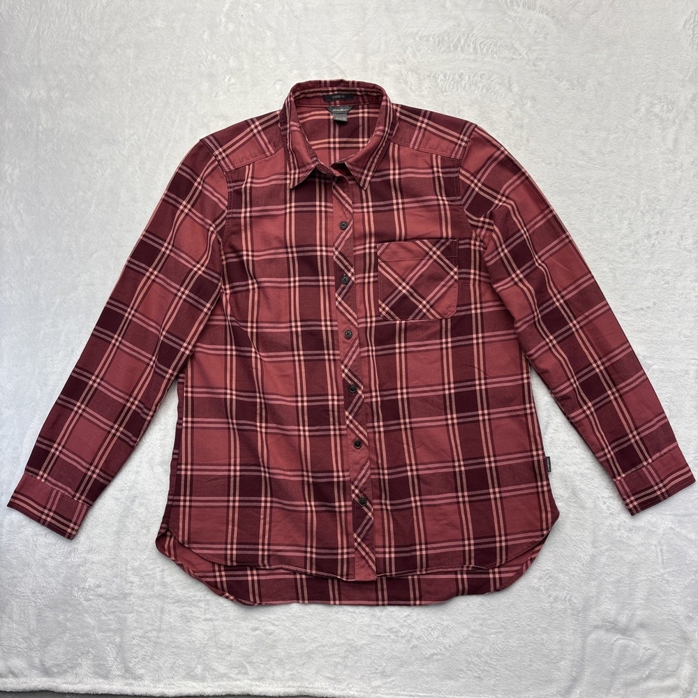 Eddie Bauer Classic Fit Flannel Shirt Women's M Burgundy Plaid Cottagecore